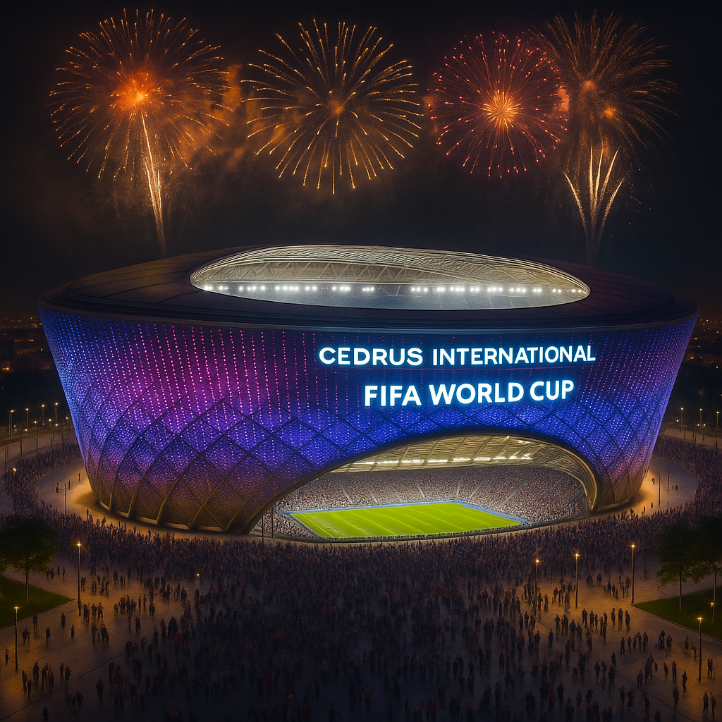 Side-by-side view of a stadium in Saudi Arabia under construction and fully completed, designed and built by Cedrus International.