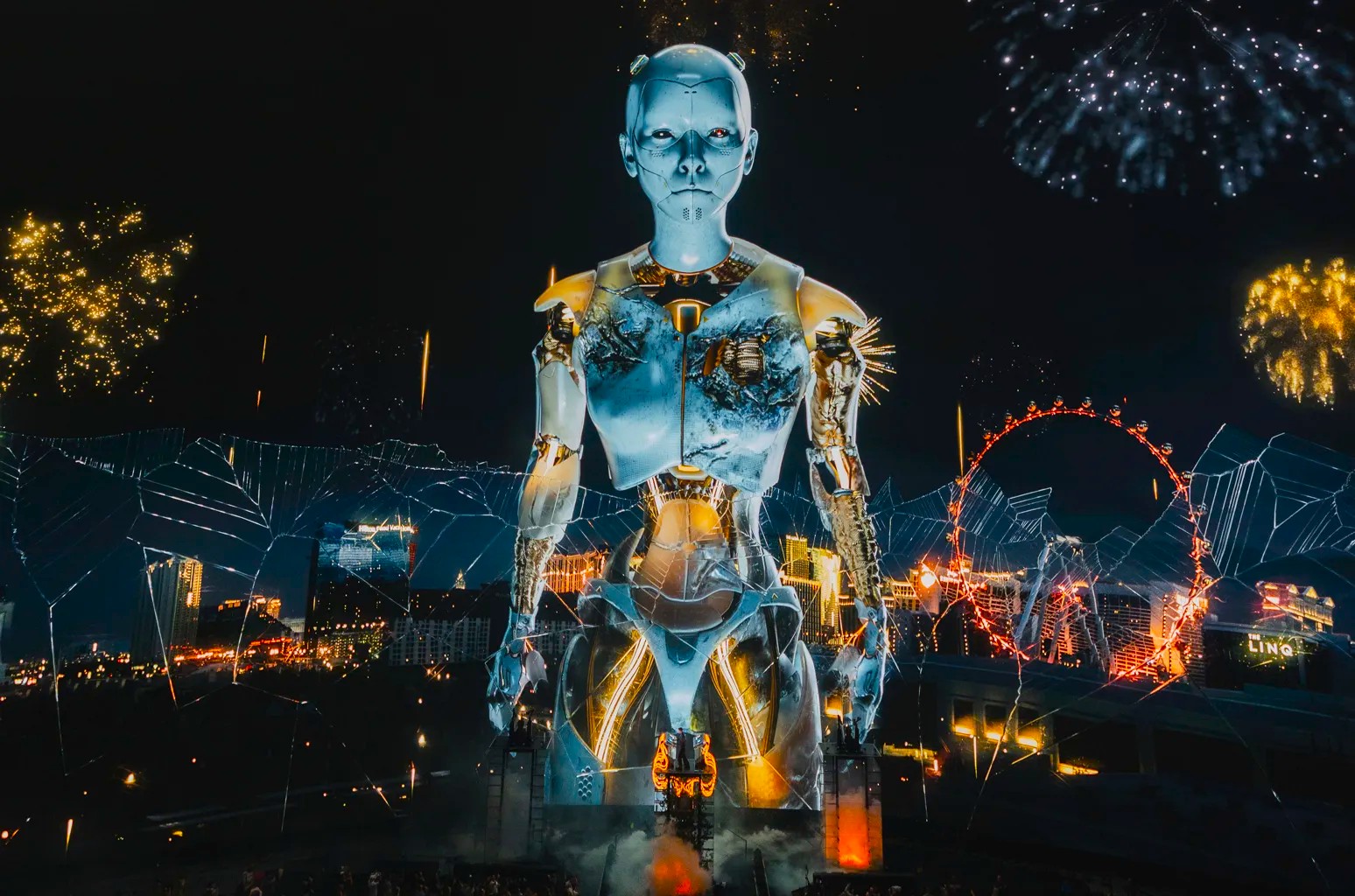 Quantum 3D projection mapping on a futuristic stage designed by Cedrus International, showing synchronized light beams and architectural visuals responding to music in real time during a large-scale event Saudi Arabia