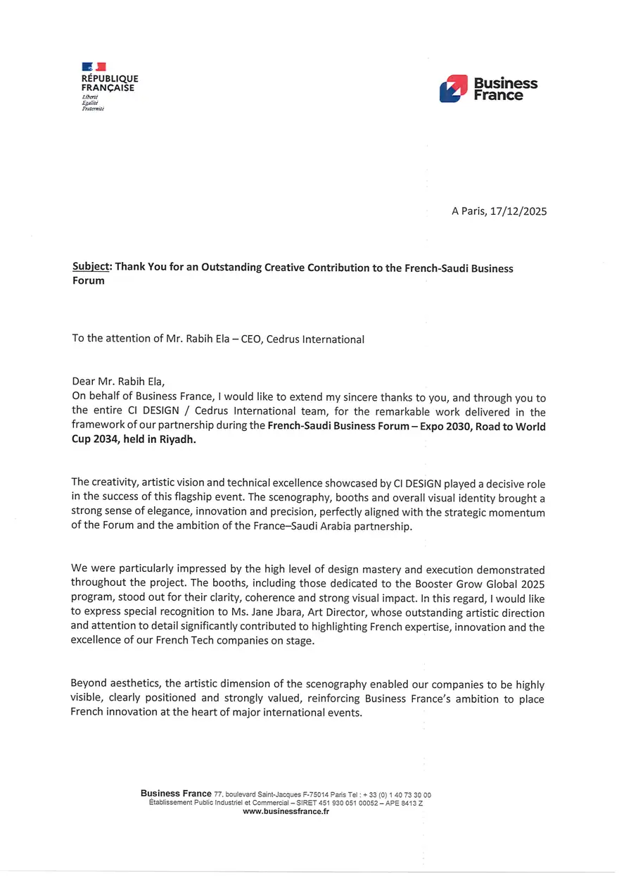 Letter from Business France to Rabih Ela, CEO of Cedrus International, thanking CI DESIGN for the French-Saudi Business Forum in Riyadh