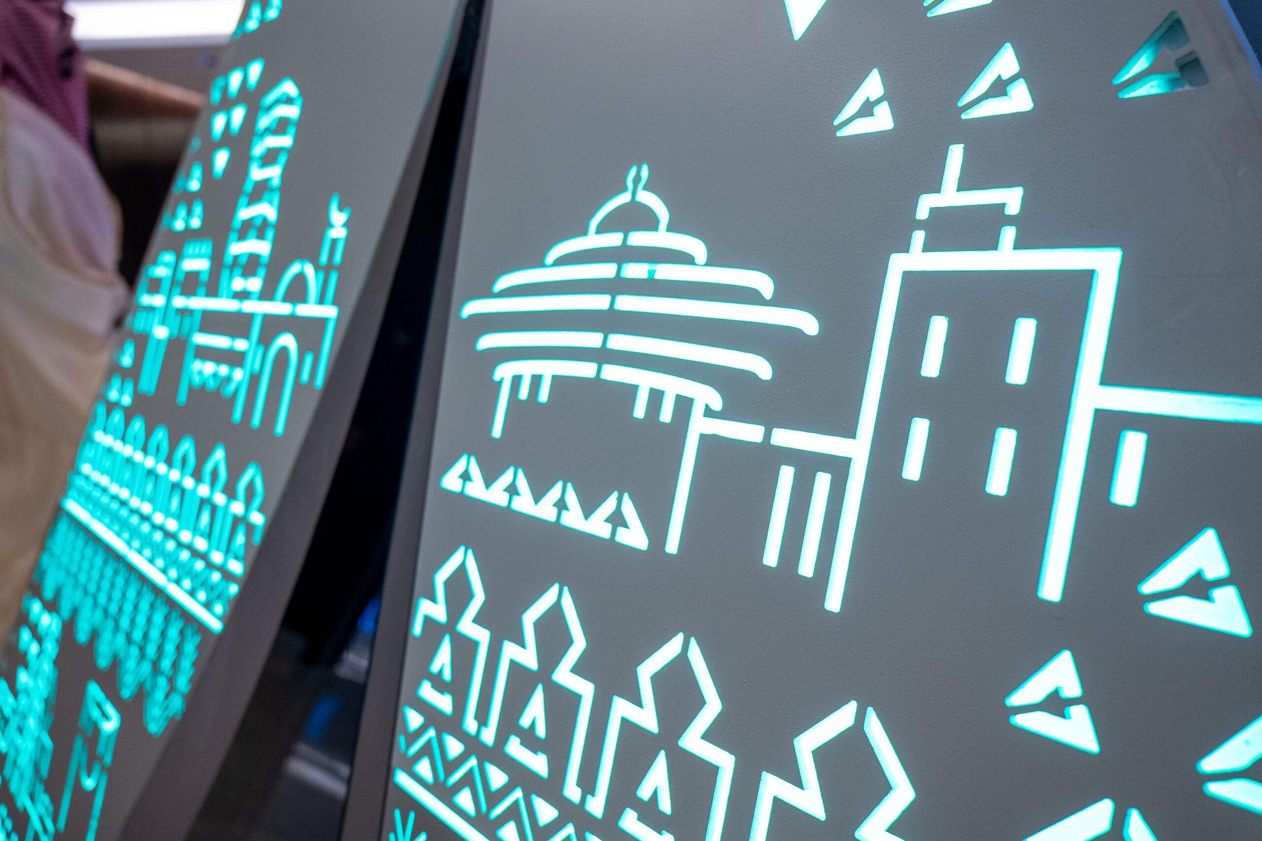 Detail of the laser-cut motifs lit from within
