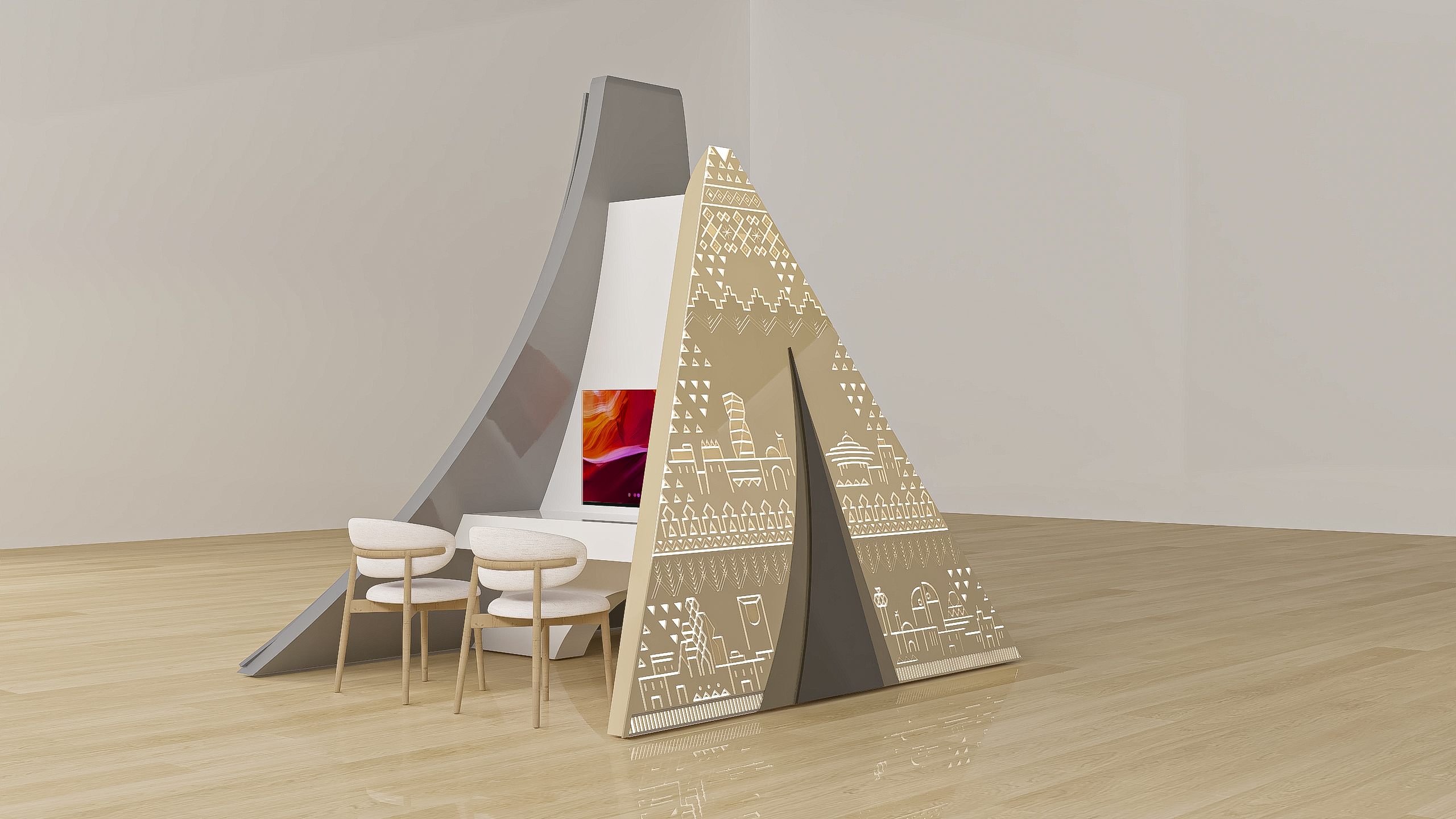 3D study of the Forum tower booth by the House of Ci, sand colourway: the daylight face, with its own screen and seating