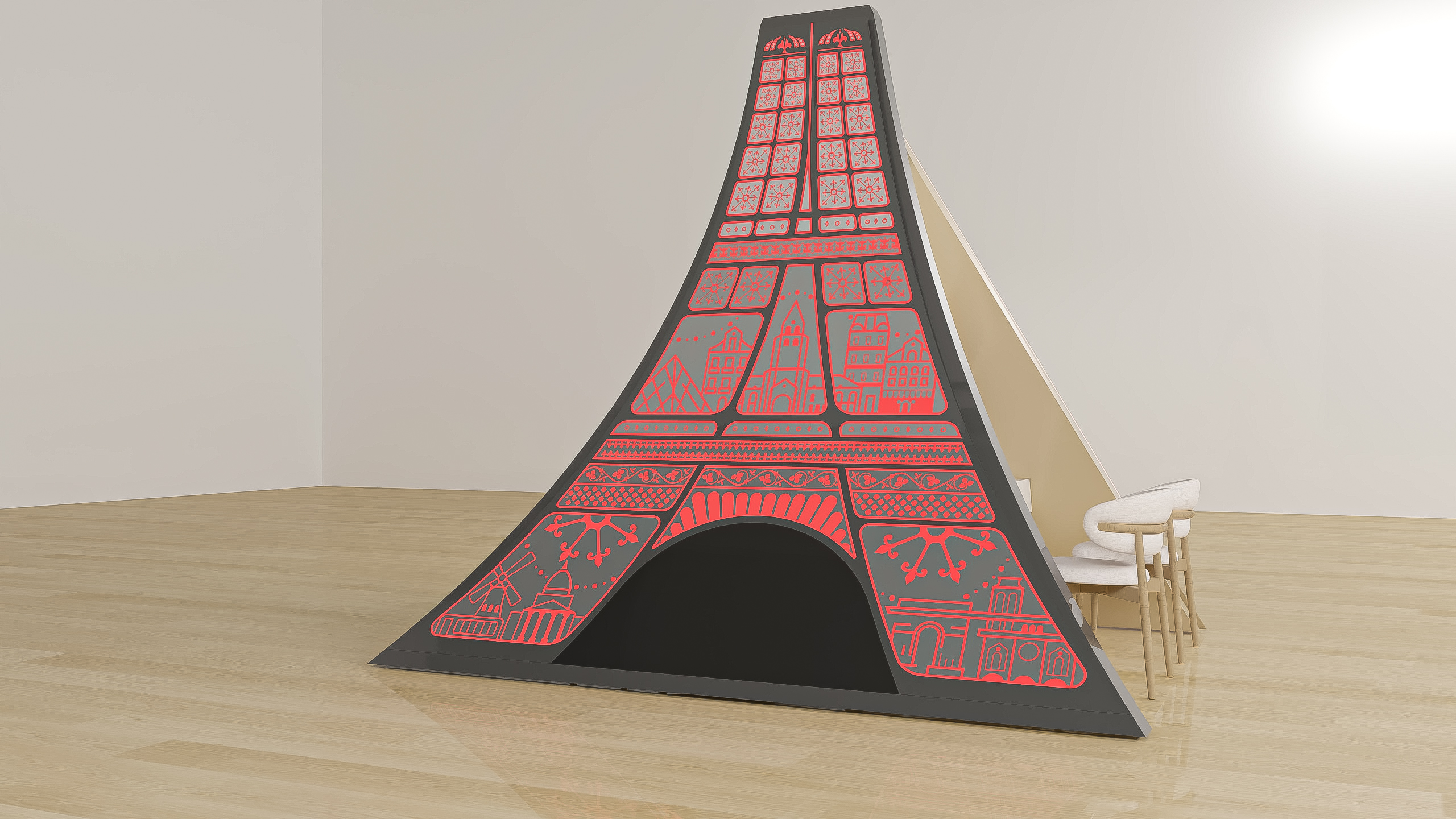 3D study of the Forum tower booth by the House of Ci, red colourway: the French face, second colour