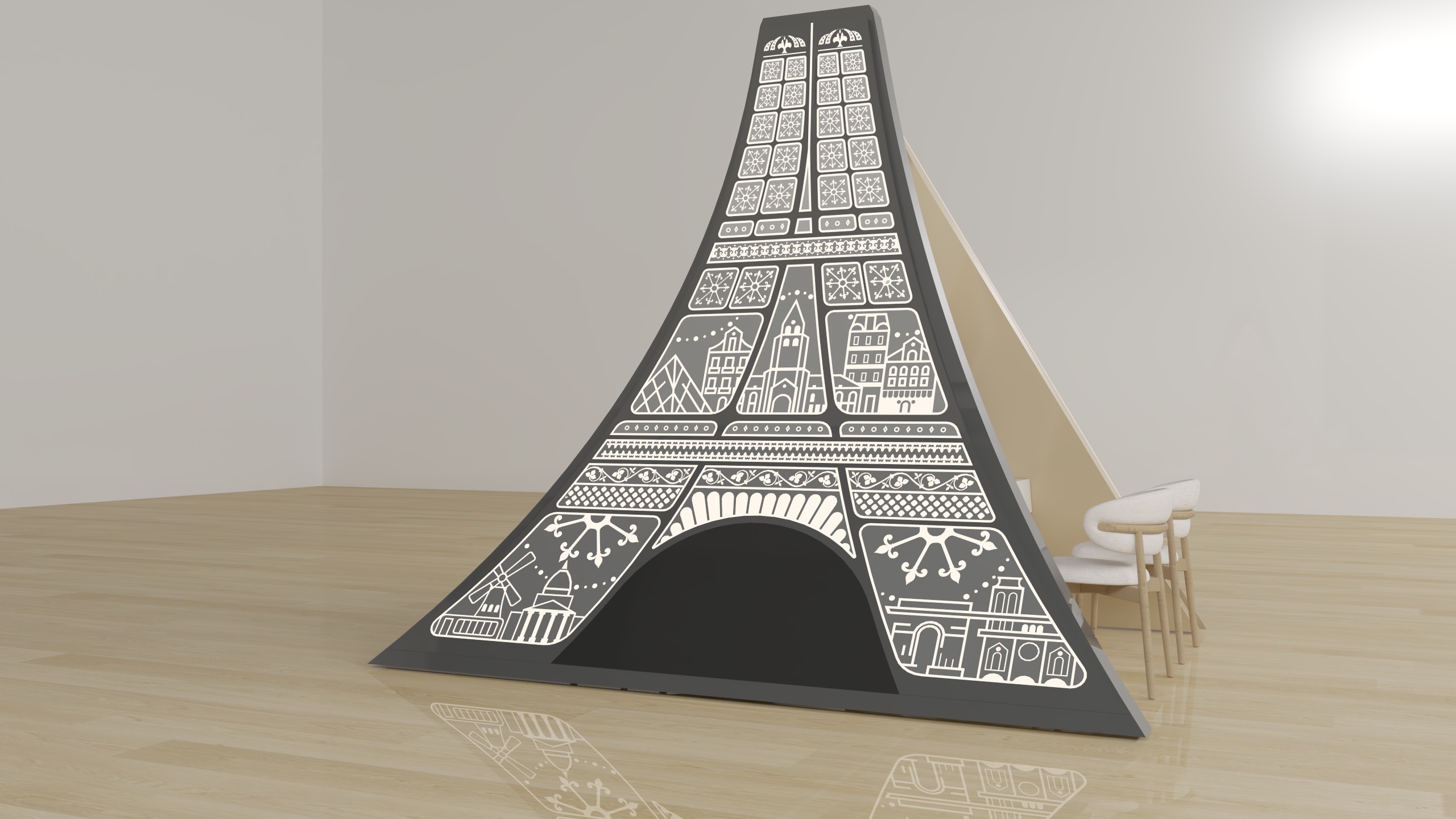 3D study of the Forum tower booth by the House of Ci, white colourway: the lattice of Paris and Riyadh in plain white