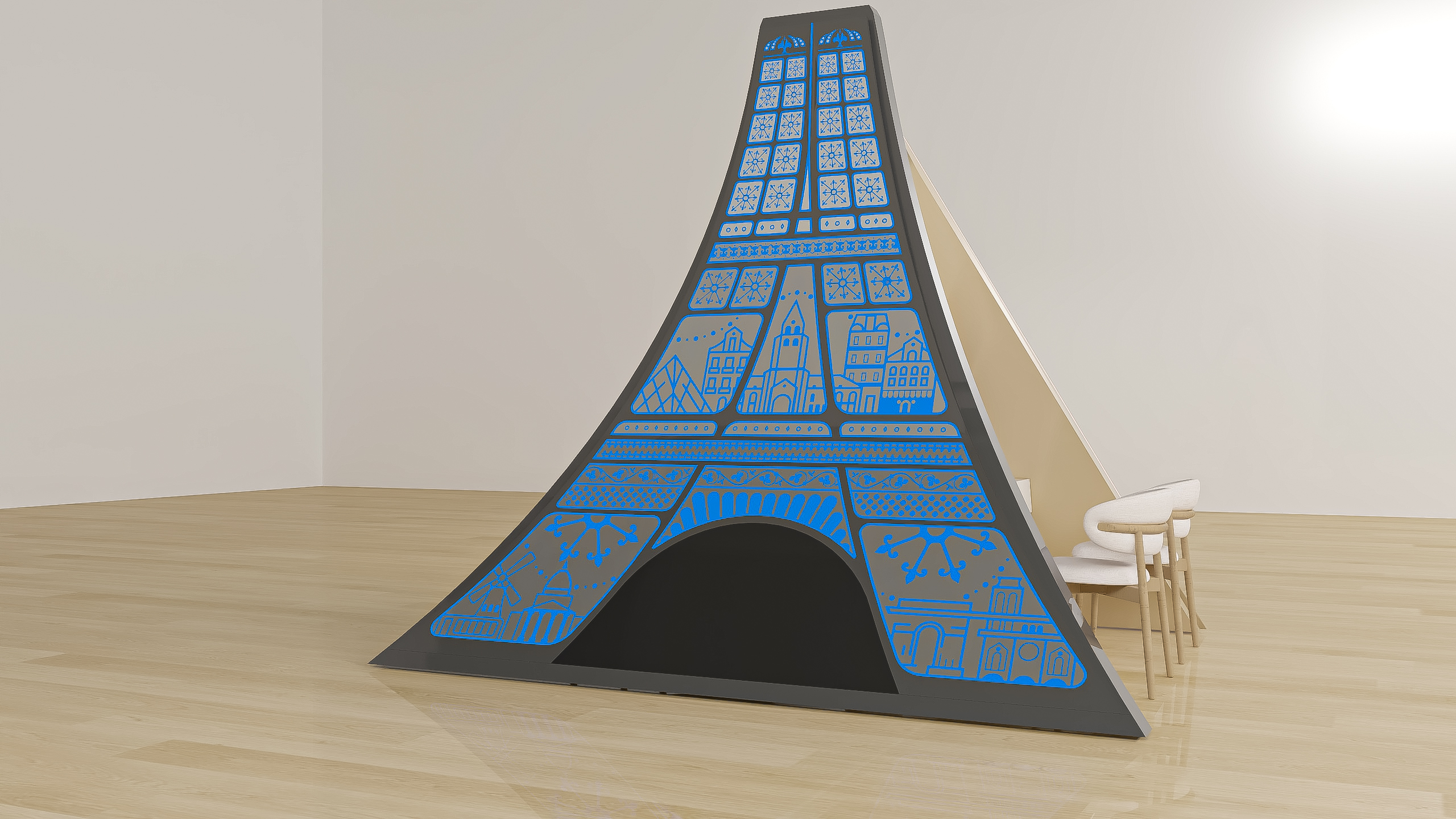 3D study of the Forum tower booth by the House of Ci, blue colourway: the French face, first colour
