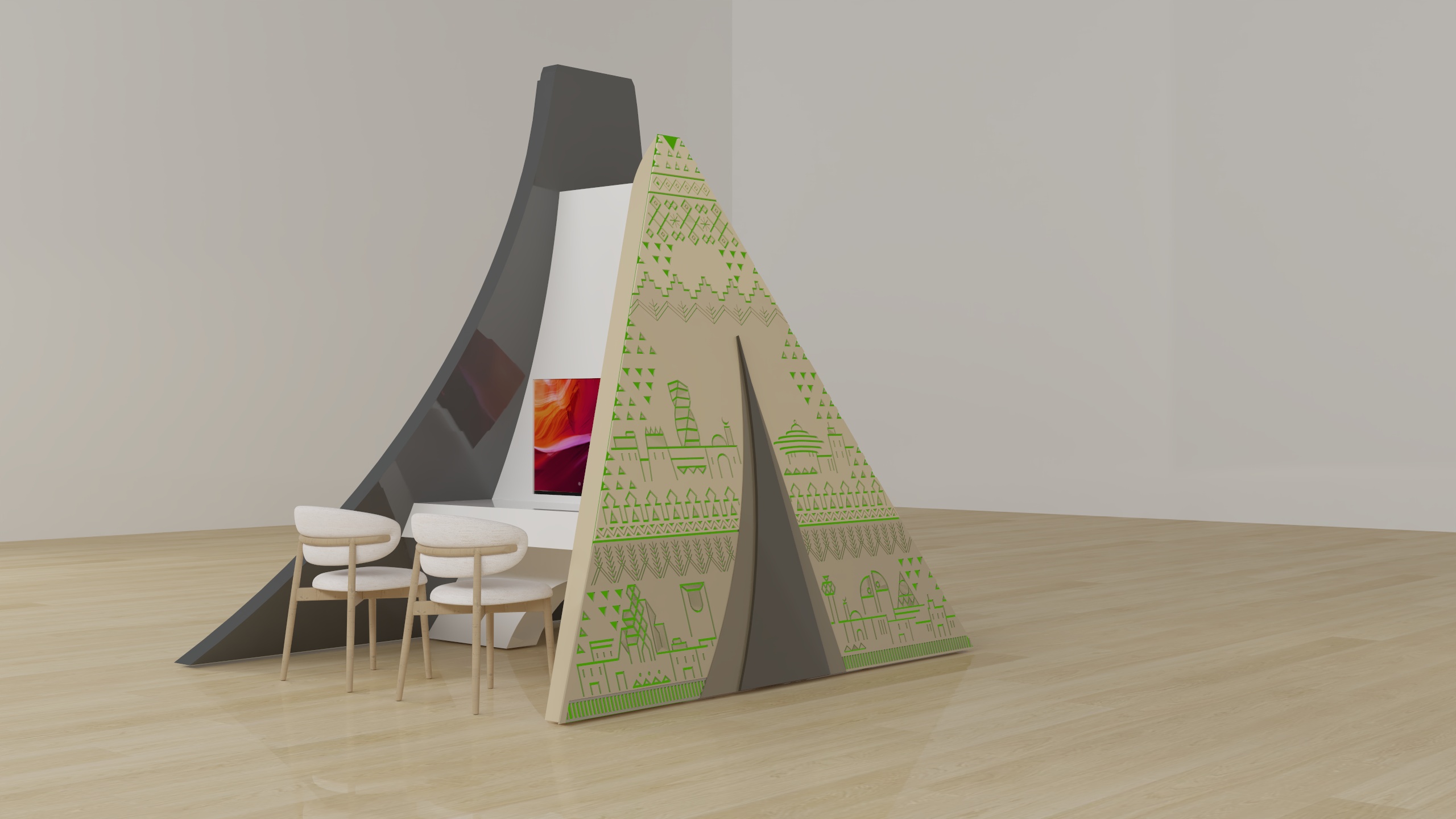 3D study of the Forum tower booth by the House of Ci, green colourway: the Saudi face