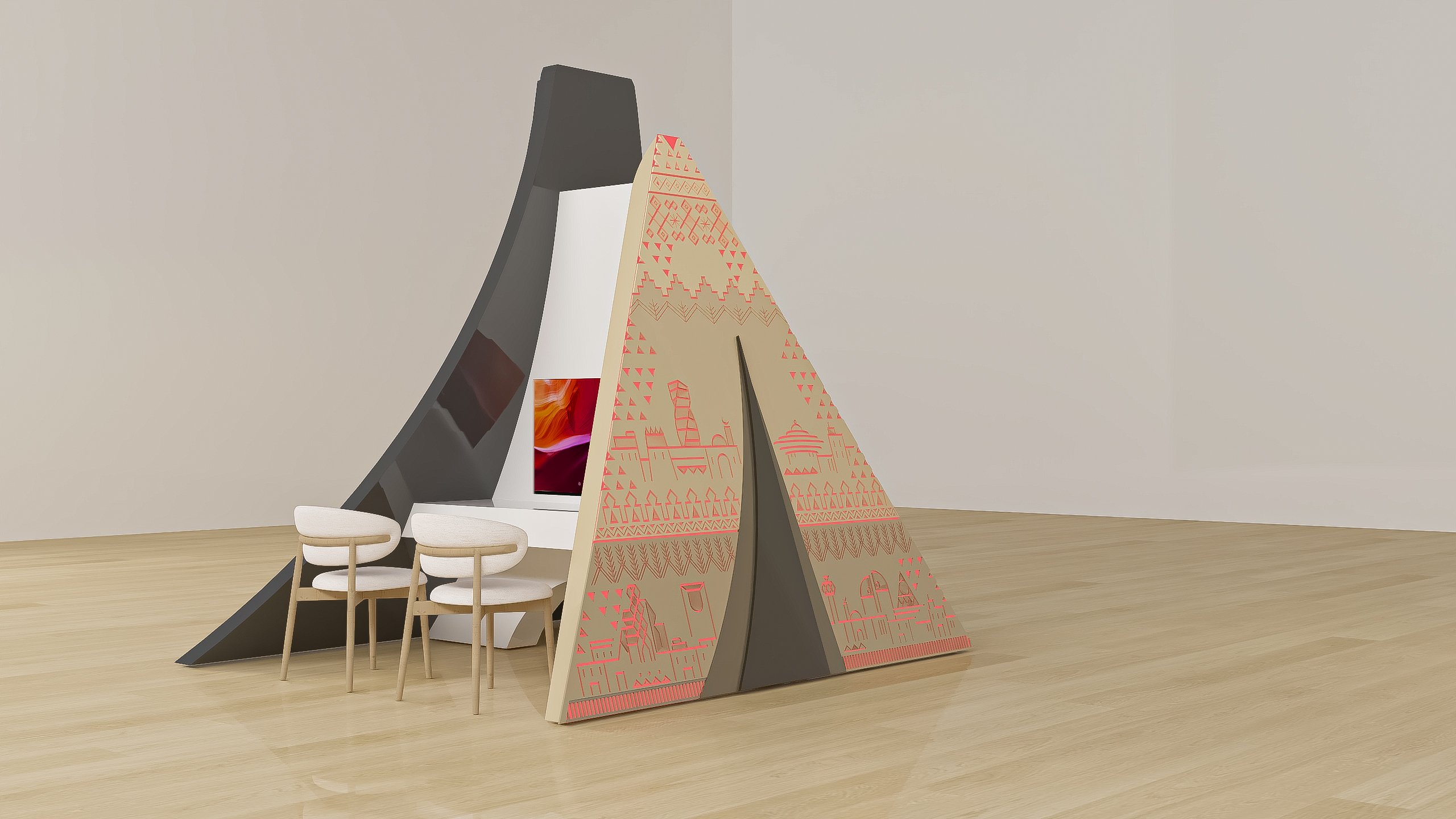 3D study of the Forum tower booth by the House of Ci, blush colourway: an evening study